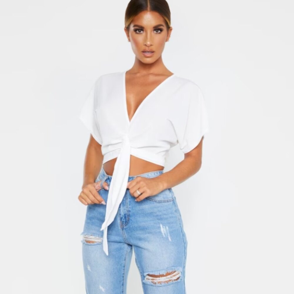 PrettyLittleThing White Chiffon Knot Front Short Sleeve Crop Blouse size 4